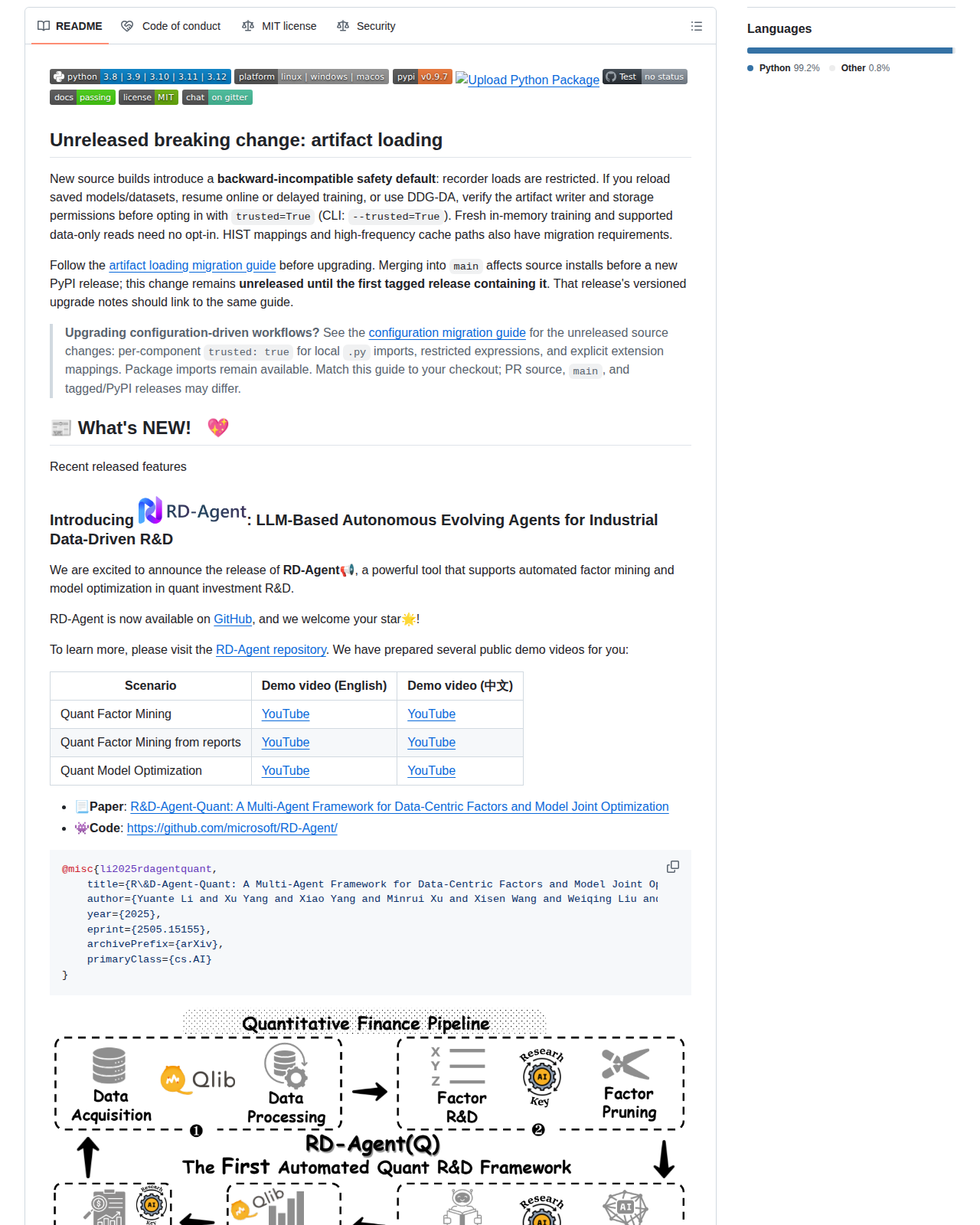 微軟 Qlib 的 GitHub 儲存庫 README 開頭,顯示 v0.9.8 版本的 artifact loading 破壞性變更說明、遷移指引連結,以及 RD-Agent 的最新功能公告