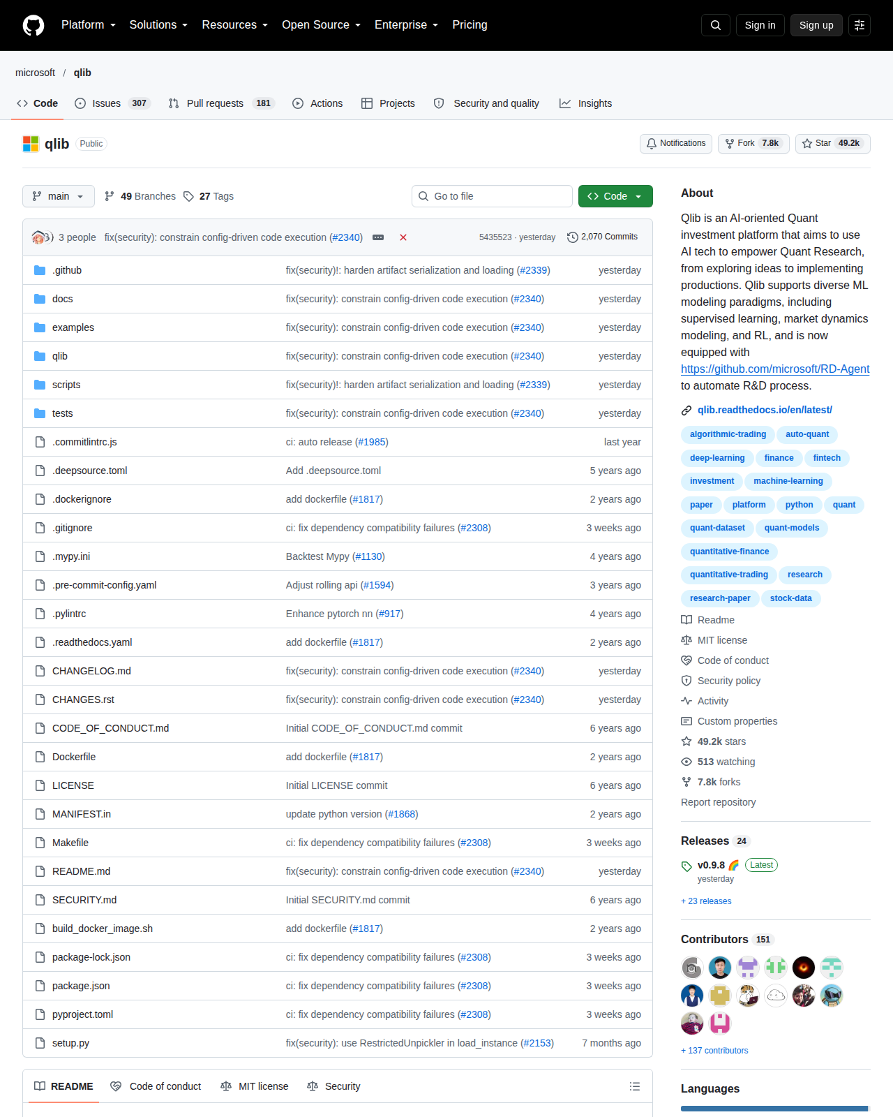 微軟 Qlib 的 GitHub 儲存庫首頁頂部,顯示儲存庫名稱 microsoft/qlib、專案描述為 AI 導向的量化投資平台,以及右上角 49.2k 星標與 7.8k 複製次數