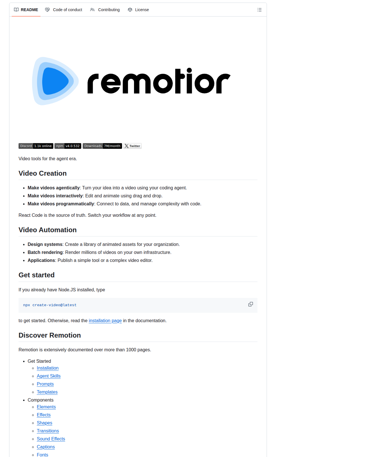 Remotion 專案 README 開頭,顯示專案名稱 Remotion、標語 Video tools for the agent era,以及 Video Creation 與 Video Automation 兩大功能分類