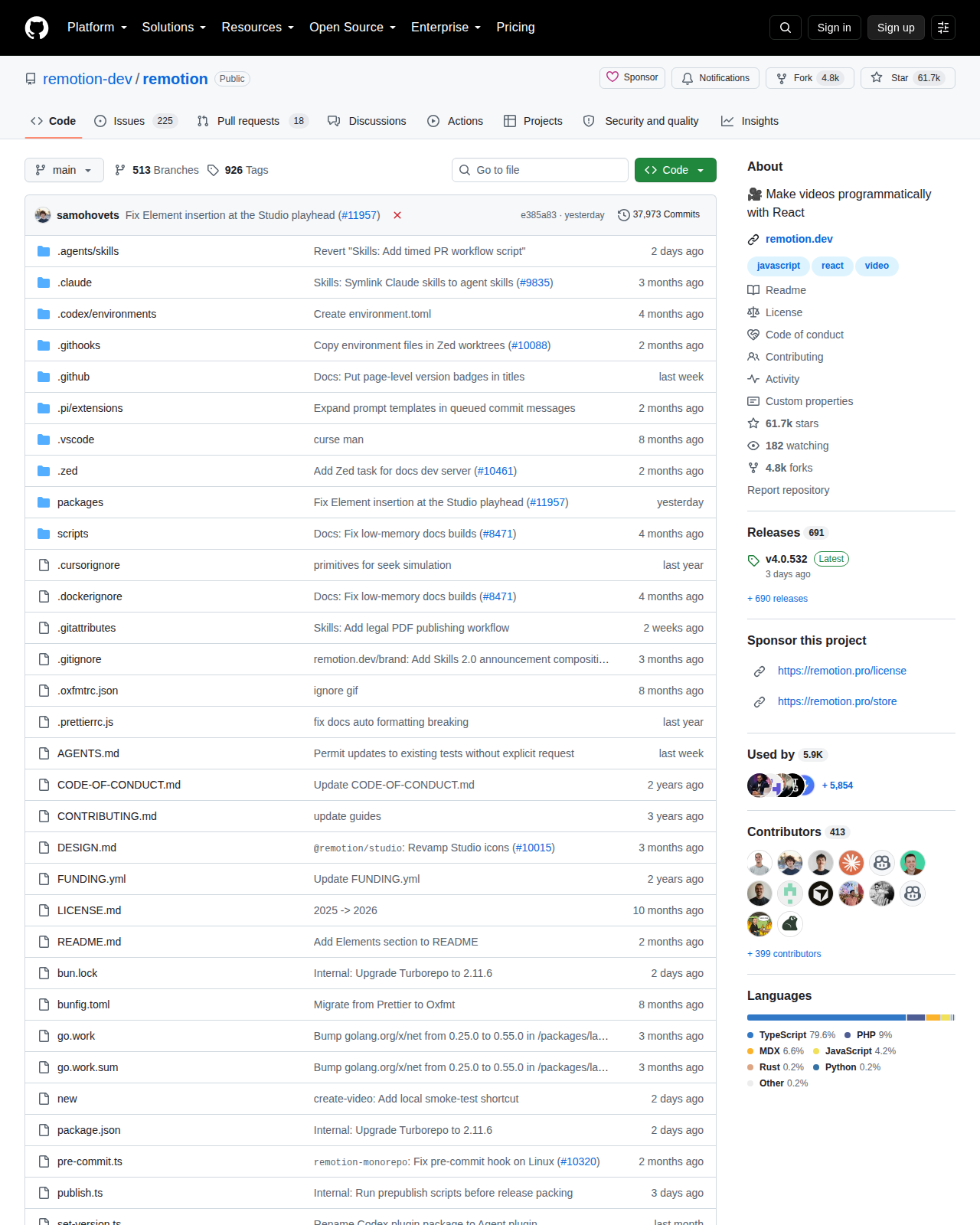 Remotion 的 GitHub 儲存庫首頁頂部,顯示專案名稱 remotion-dev/remotion、主要語言 TypeScript、星標數 61.6k、分支數與最近提交紀錄
