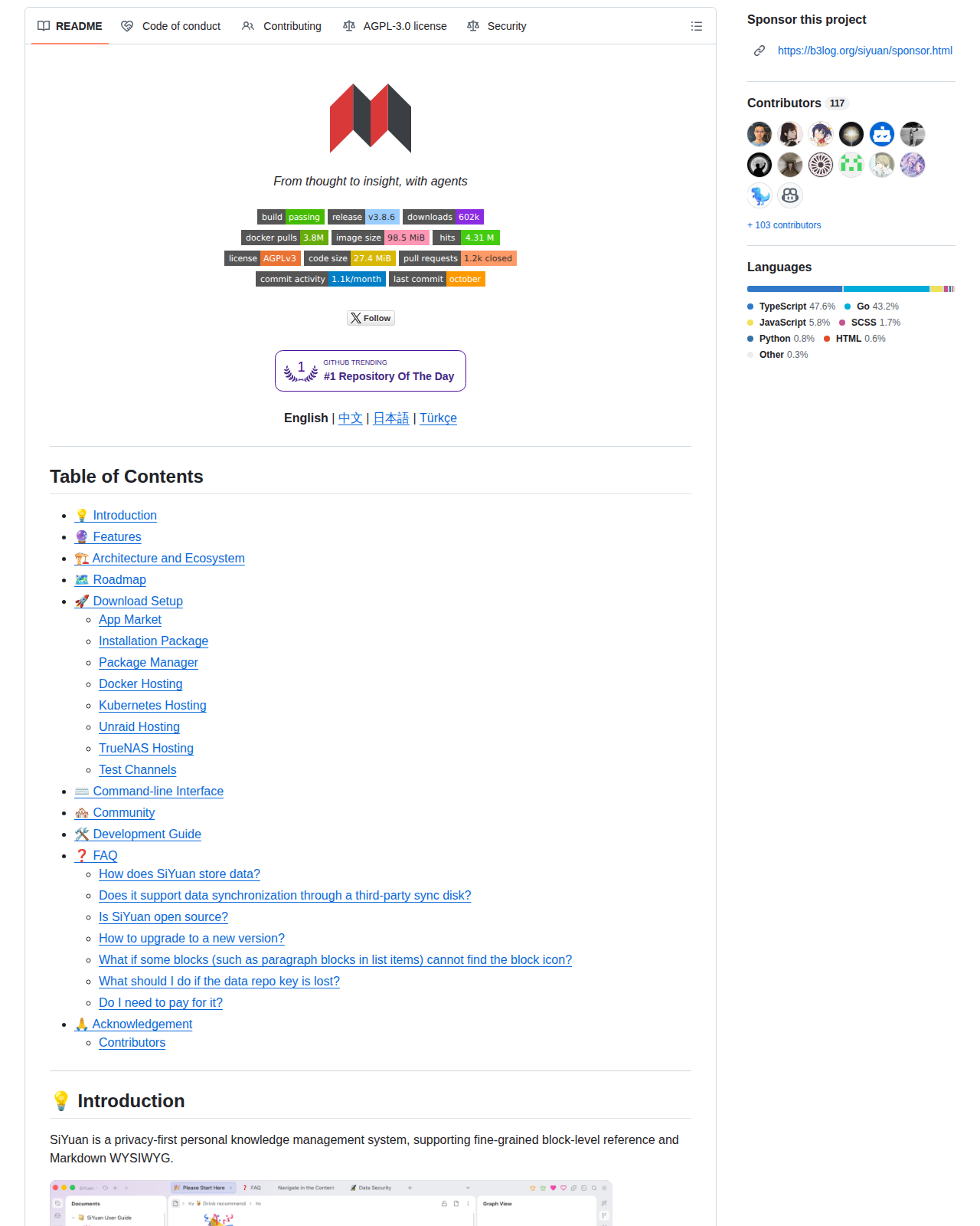 SiYuan 儲存庫 README 開頭,顯示專案標誌、標語「From thought to insight, with agents」、多語言切換連結,以及日榜第一的趨勢徽章
