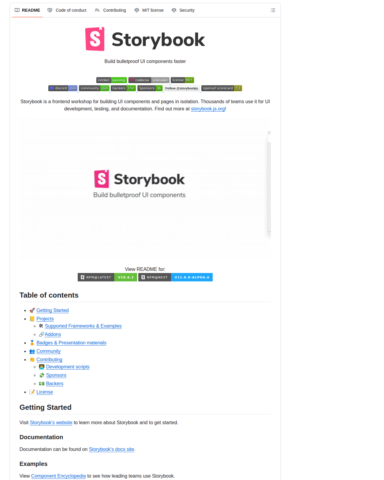 Storybook 儲存庫 README 開頭,顯示專案標誌與名稱,以及「Build bulletproof UI components faster」標語,下方為官方說明:Storybook 是前端工作坊,用於隔離環境中建置 UI 元件與頁面,數千個團隊用它進行 UI 開發、測試與文件撰寫
