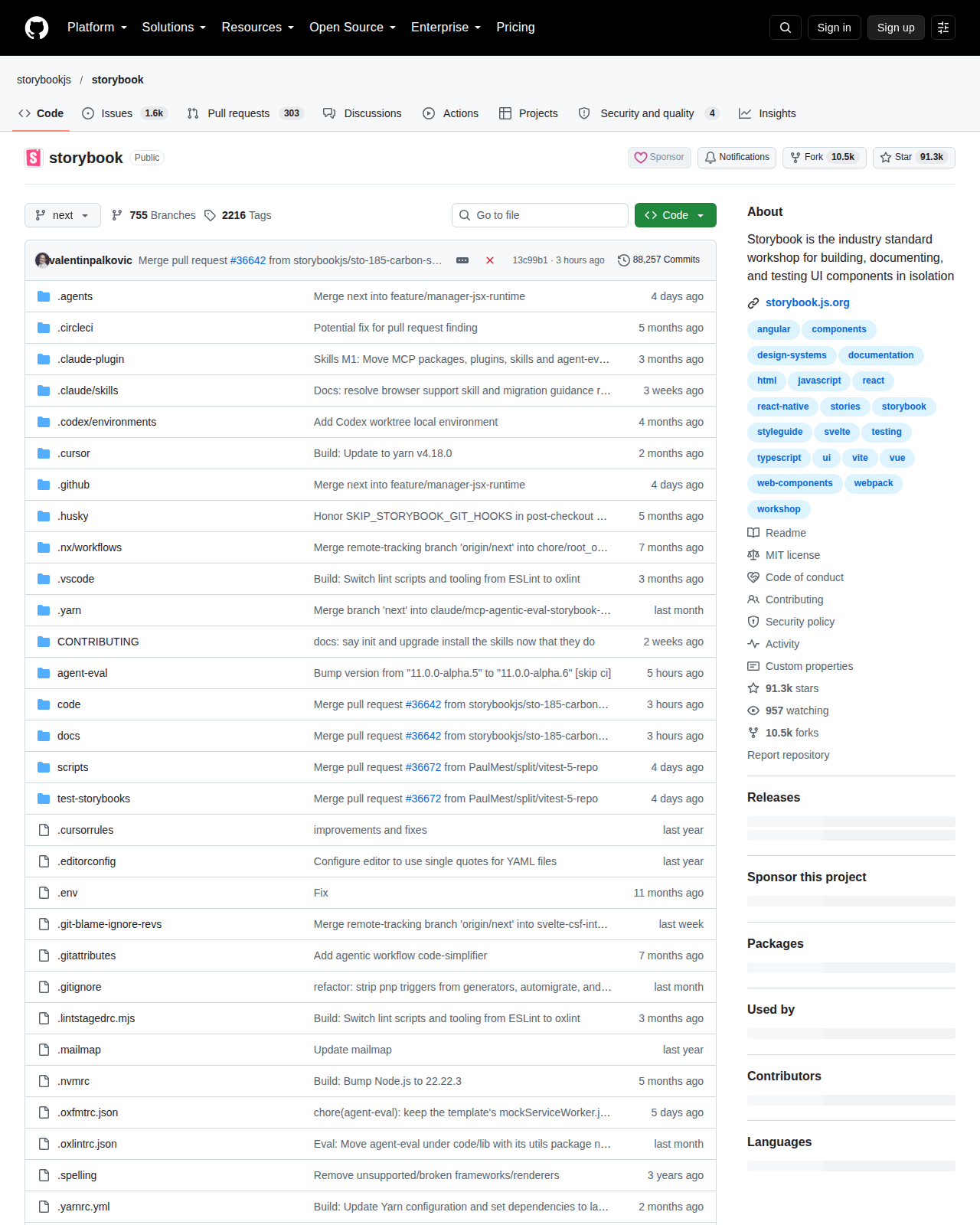 Storybook 儲存庫首頁頂部,顯示儲存庫路徑 storybookjs/storybook、星標數約 91.3k、複製數約 10.5k、分支與標籤數量,以及 repo 說明「Storybook is the industry standard workshop for building, documenting, and testing UI components in isolation」,主要語言標示為 TypeScript