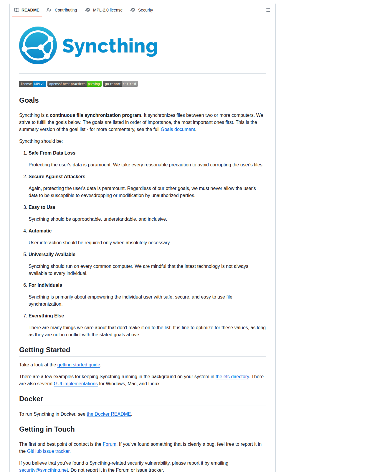 Syncthing README 開頭(項目名稱、開源檔案同步定位說明與 MPLv2 授權徽章)