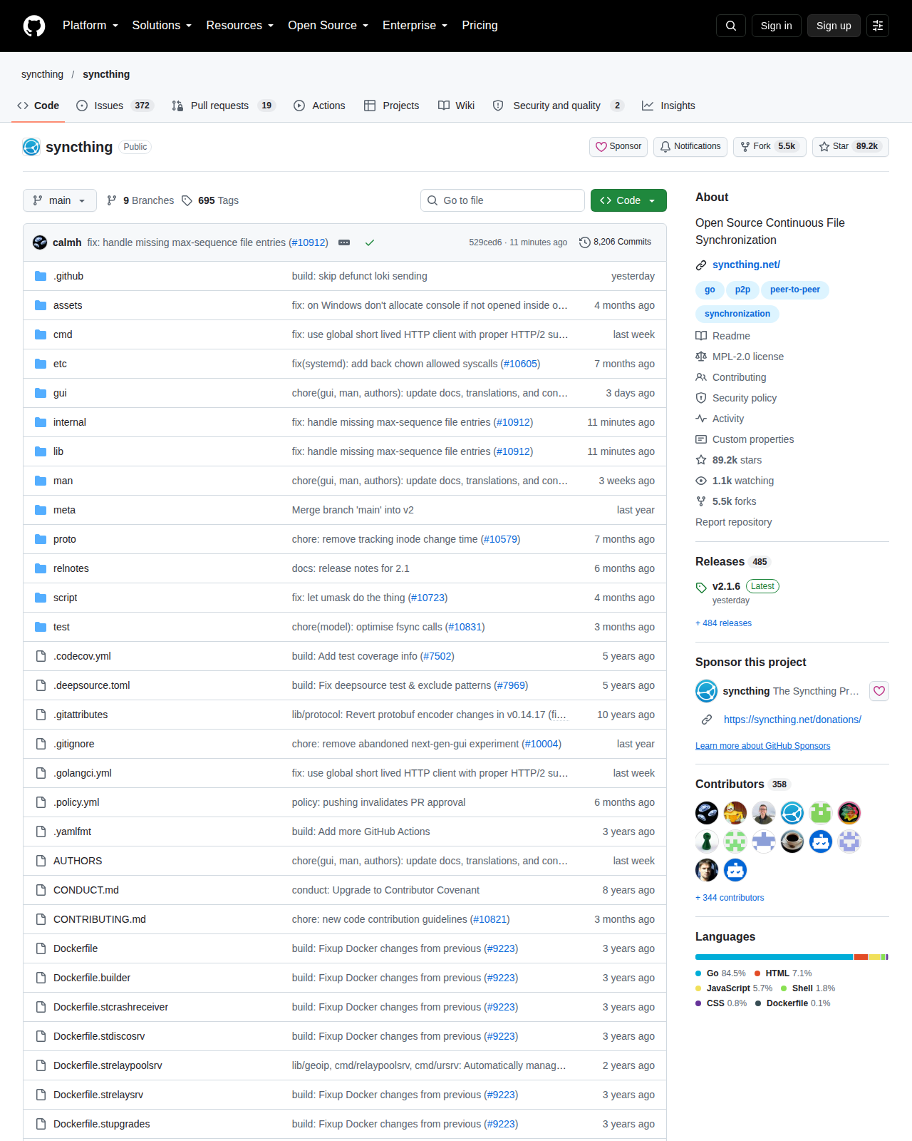 Syncthing GitHub 首頁頂部(儲存庫名稱、8.9 萬星標數字與專案描述)
