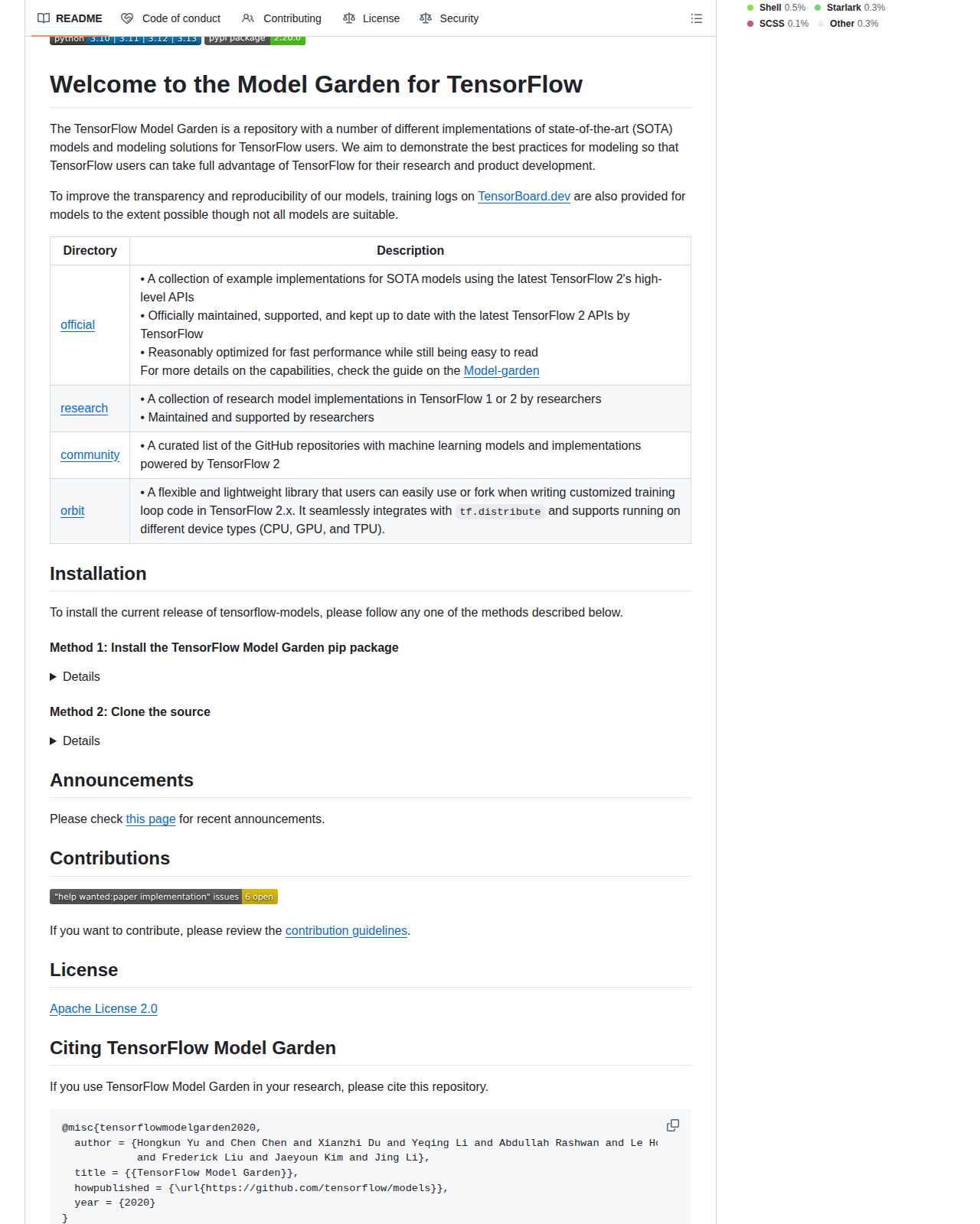 TensorFlow Model Garden README 開頭(專案標誌、定位說明與目錄分工表格)