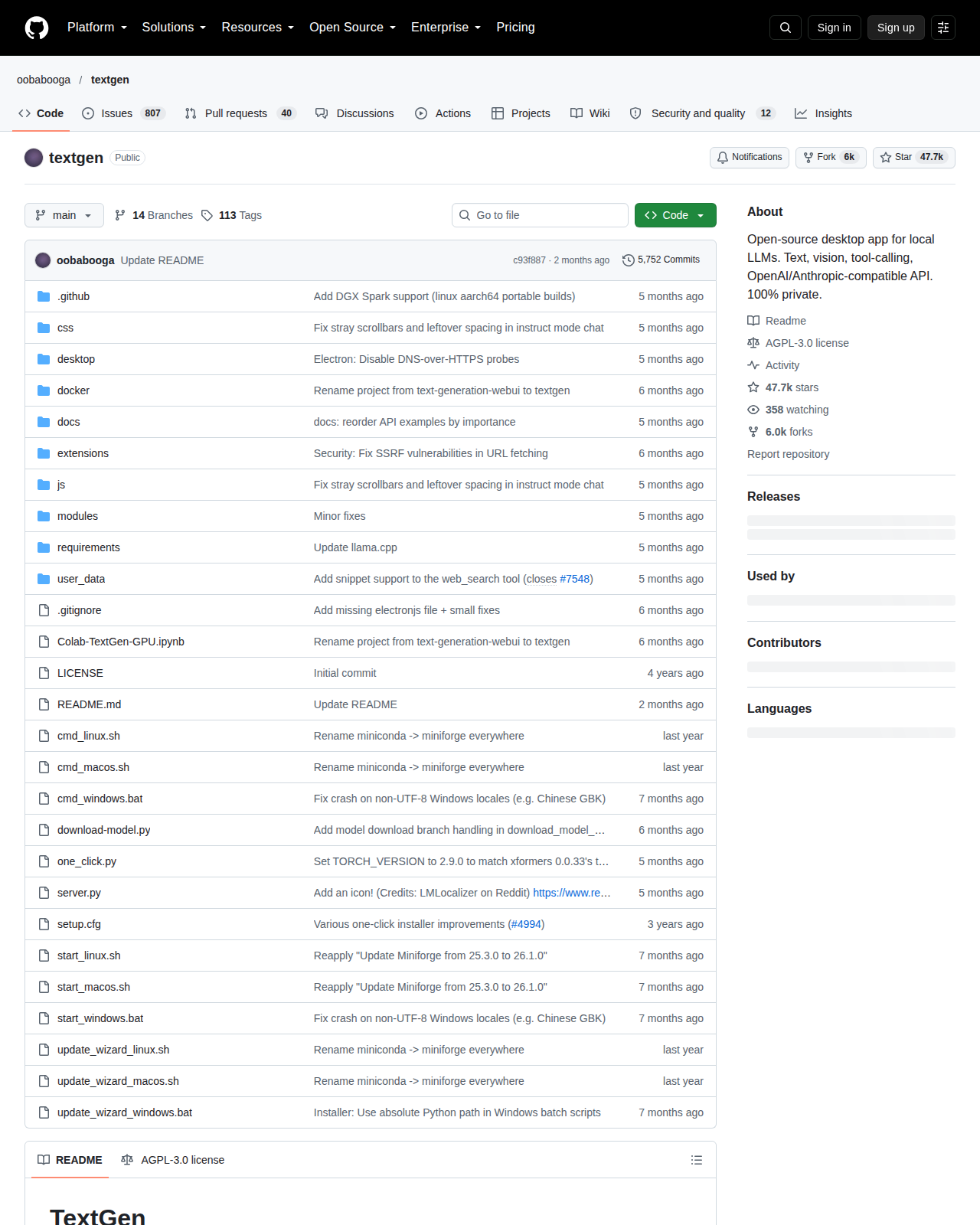 TextGen GitHub 首頁頂部(儲存庫名稱 oobabooga/textgen、星標數與專案描述)