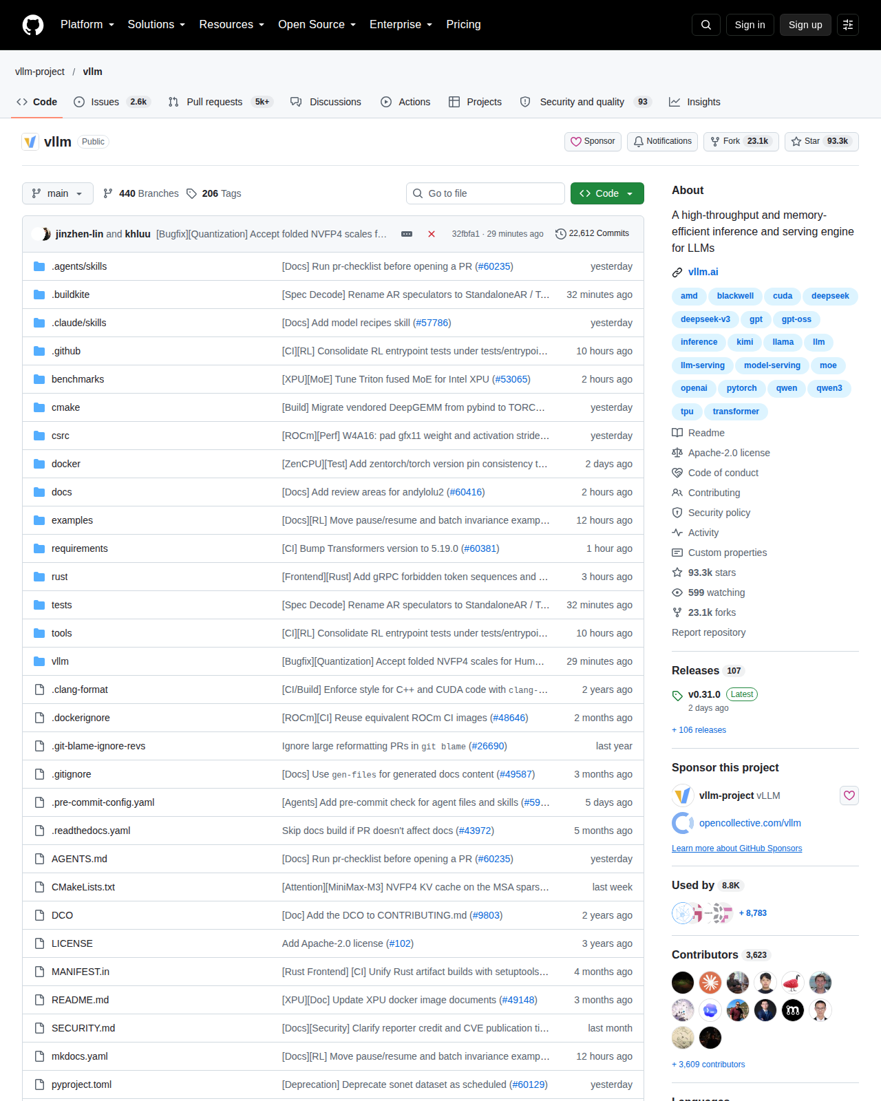 vLLM GitHub 首頁頂部（儲存庫名稱、9.3 萬星標數字與專案描述）
