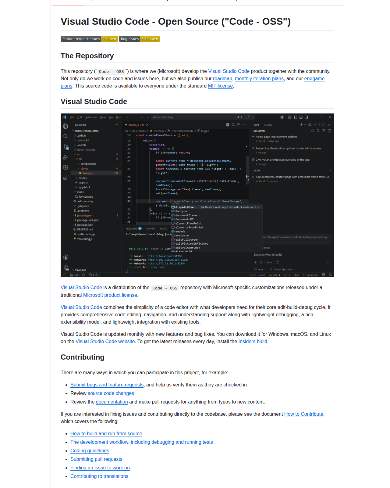 microsoft/vscode README 開頭(專案名稱 Visual Studio Code - Open Source 與 MIT 授權說明)