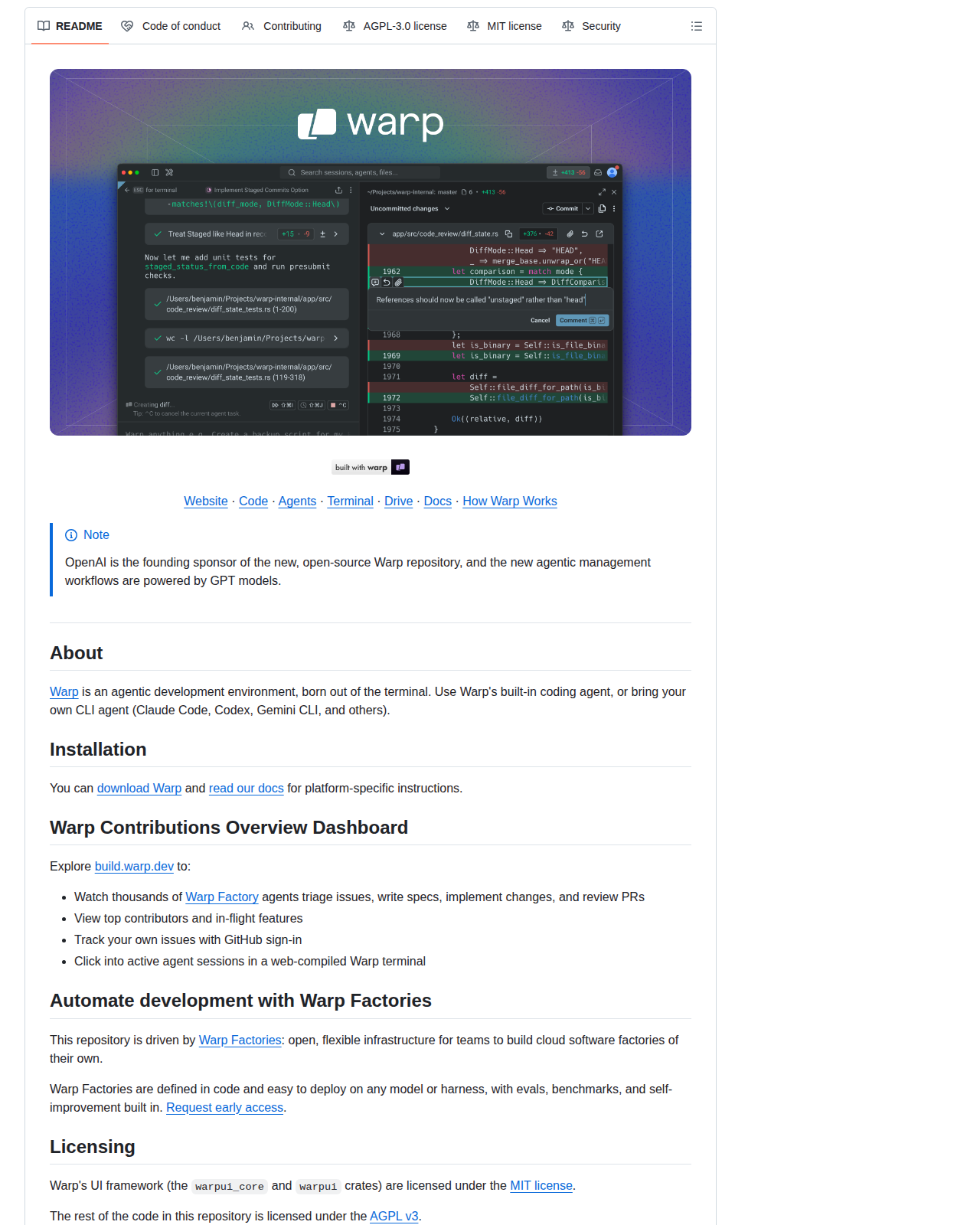 Warp 專案 README 開頭,顯示專案名稱 Warp、定位敘述 Agentic Development Environment,以及 About、Installation、Warp Factories 與 Licensing 等章節